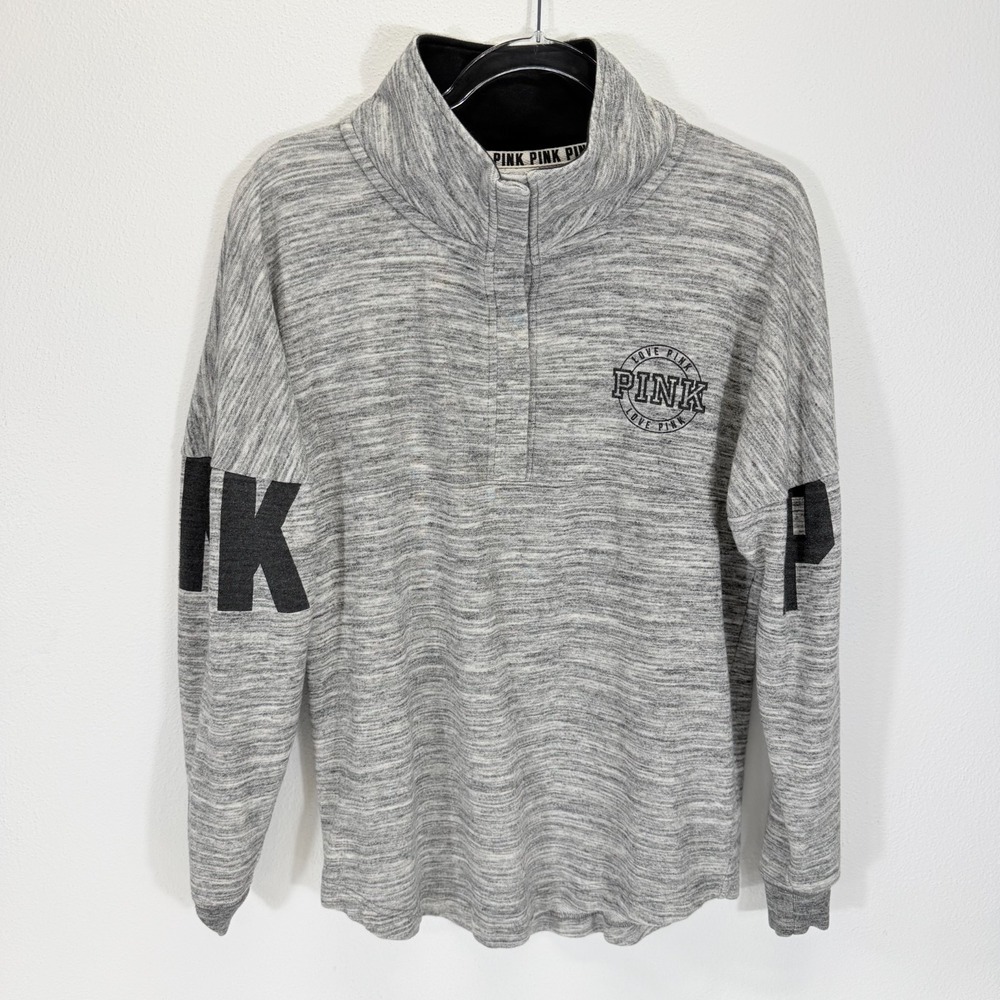 Victoria's Secret PINK Varsity 1/4 Snap Pullover Gray Round Hem Sweatshirt XS